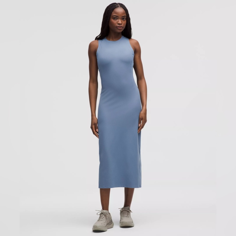 Lululemon Like New All Aligned Ribbed Midi Dress Washed Denim‎ Size 8